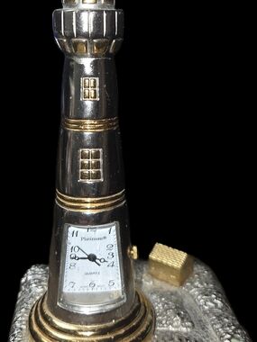 Vintage GANZ mini Lighthouse Two Tone Brass & Chrome Quartz Clock Figurine.